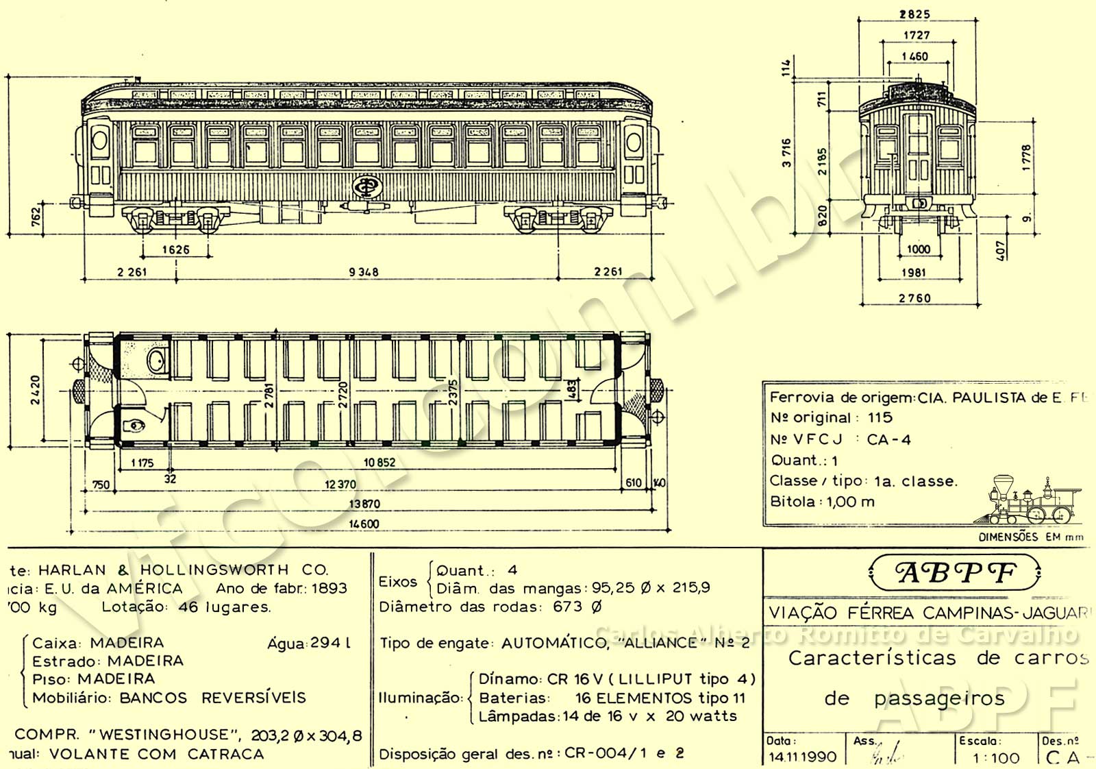 Planta do carro n° 115 da Cia. Paulista na ABPF - desenho, medidas e características