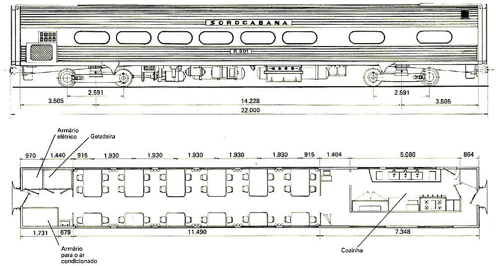 Desenho do vagão-restaurante,  da antiga Estrada de Ferro Sorocabana (EFS), depois Fepasa - Ferrovias Paulistas S.A.