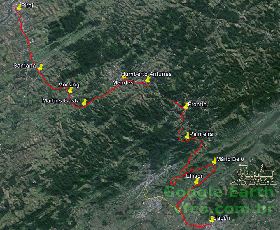 Percurso aproximado dos trilhos da Central do Brasil de Japeri a Barra do Piraí, na serra do Mar