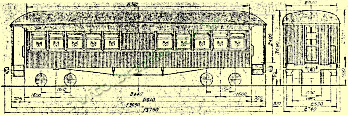 Planta do vagão de passageiros em madeira BR-11 (Primeira Classe / Buffet) da EFVM - desenho e medidas