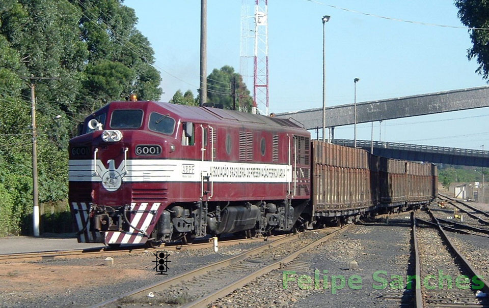 Locomotiva B12 nº 6001 da ABPF Tubarão (SC) com a pintura da Águia, tracionando vagões de carvão