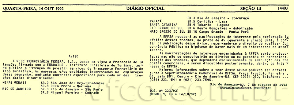 Aviso RFFSA contratando operadores de trens turísticos em 1992