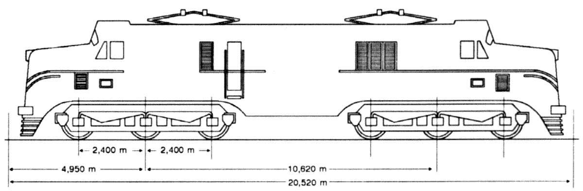 Desenho e medidas das locomotivas English Electric - Vista lateral