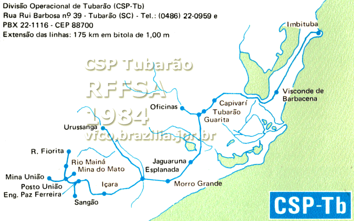 Mapa esquemático dos trilhos da CSP Tubarão da RFFSA - Rede Ferroviária Federal em 1984