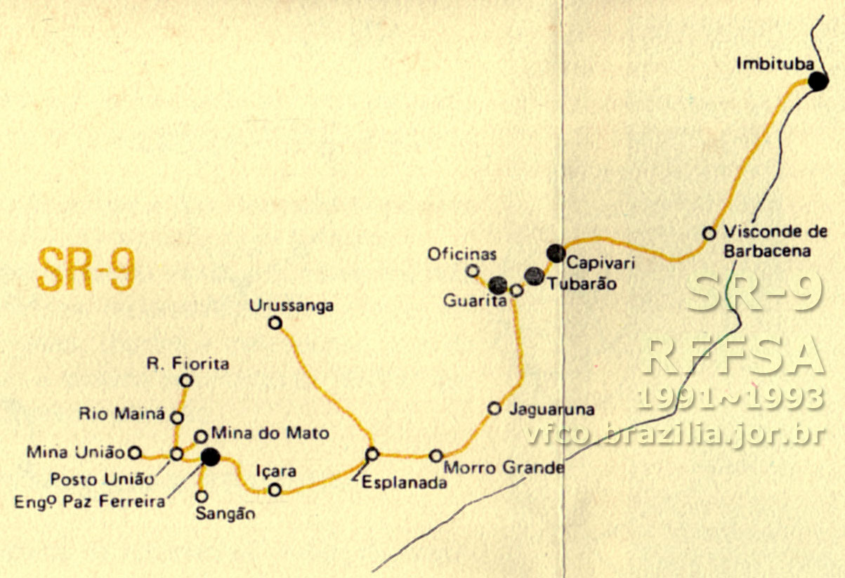 Abrangência e mapa dos trilhos da SR-9 Tubarão da RFFSA em 1991