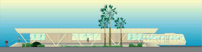 Desenho com vista lateral de uma das estações projetadas para o Metrô do Cariri