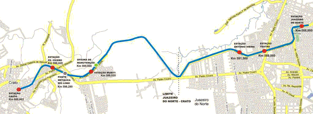 Mapa do trajeto dos trilhos em Crato,  Juazeiro do Norte, e área intermediária
