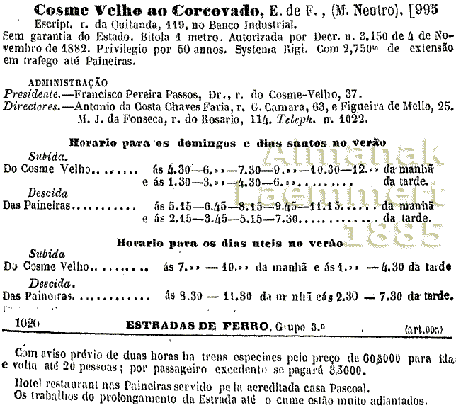 Estrada de Ferro do Cosme Velho ao Corcovado no Almanaque Laemmert de 1885