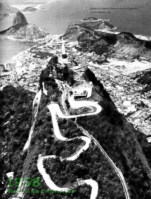 Estrada das Paineiras ao Corcovado, ferrovia e Cristo Redendor em 1958