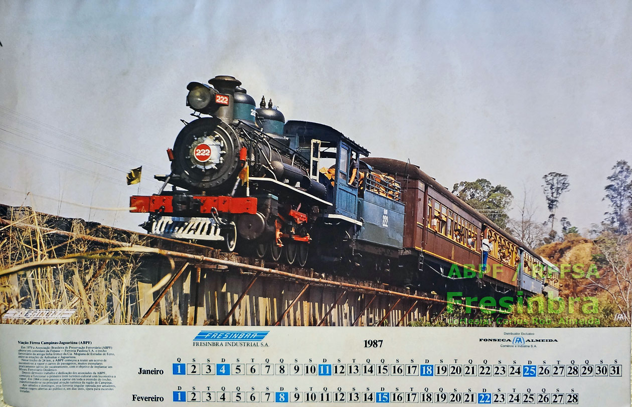 O trem turístico da Viação Férrea Campinas  Jaguariúna (ABPF), no Calendário Fresinbra 1987