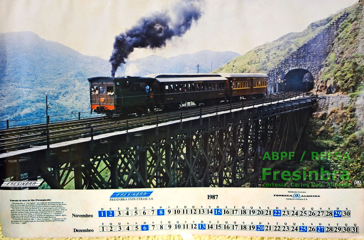 Trem turístico no Funicular da Serra do Mar (Paranapiacaba), no Calendário Fresinbra 1987