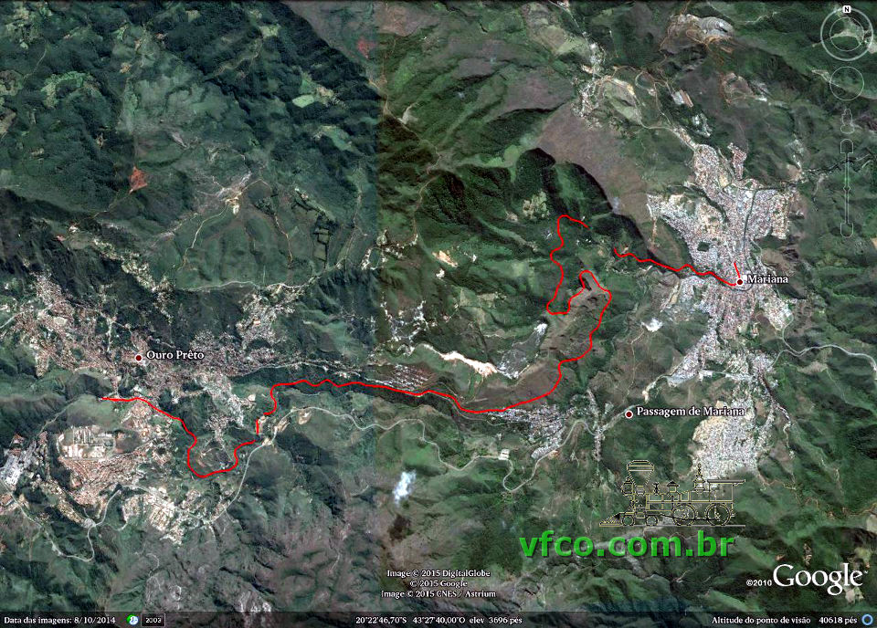 Trajeto visível do trem turístico entre Ouro Preto e Mariana