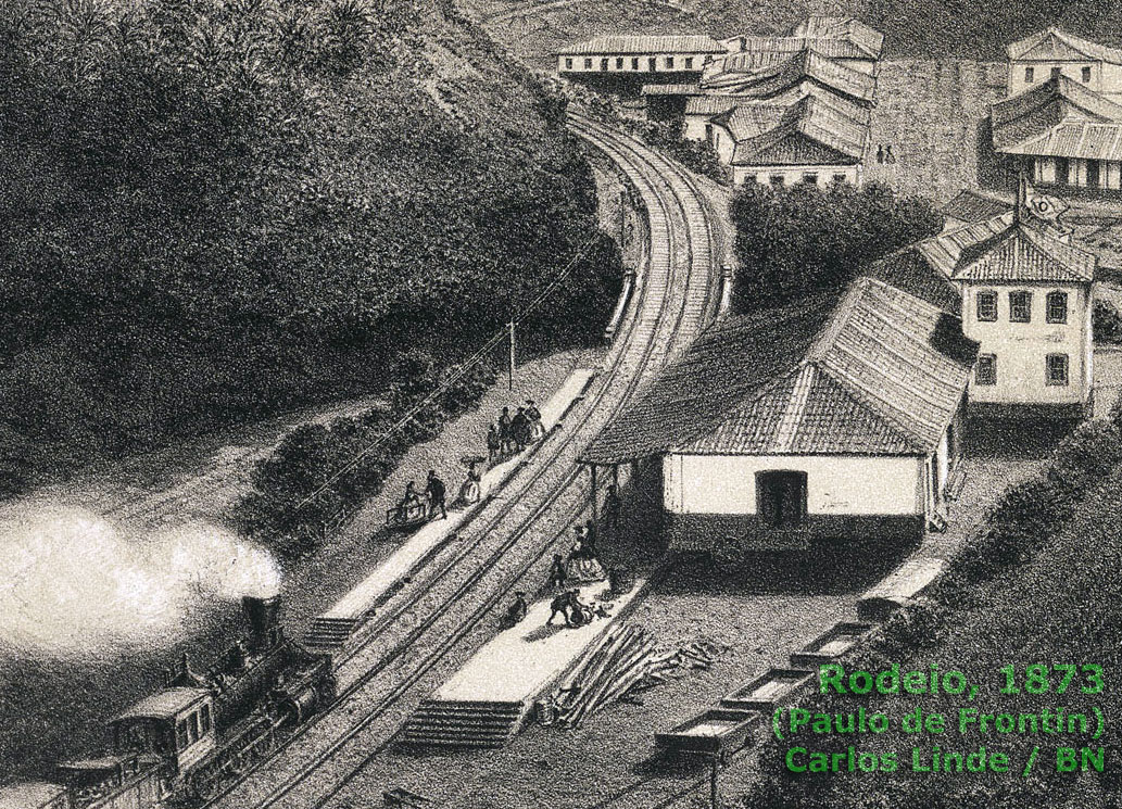 Detalhe do prédio original da estação ferroviária de Rodeio (atual Paulo de Frontin) na gravura de Carlos Linde, de 1873