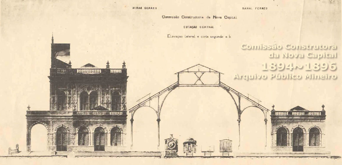 Seção transversal do projeto para a cobertura sobre a plataforma e os trens, na estação ferroviária de Belo Horizonte
