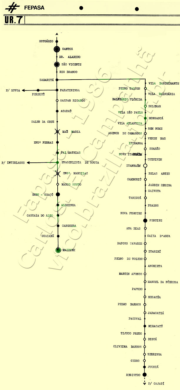 Mapa esquemtico das estaes ferrovirias da UR7 Fepasa em 1986