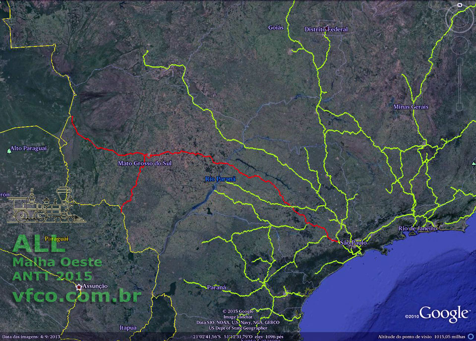 Mapa ferroviário da ALL Malha Oeste, reunindo a antiga NoB - Noroeste do Brasil com trechos da antiga EF Sorocabana