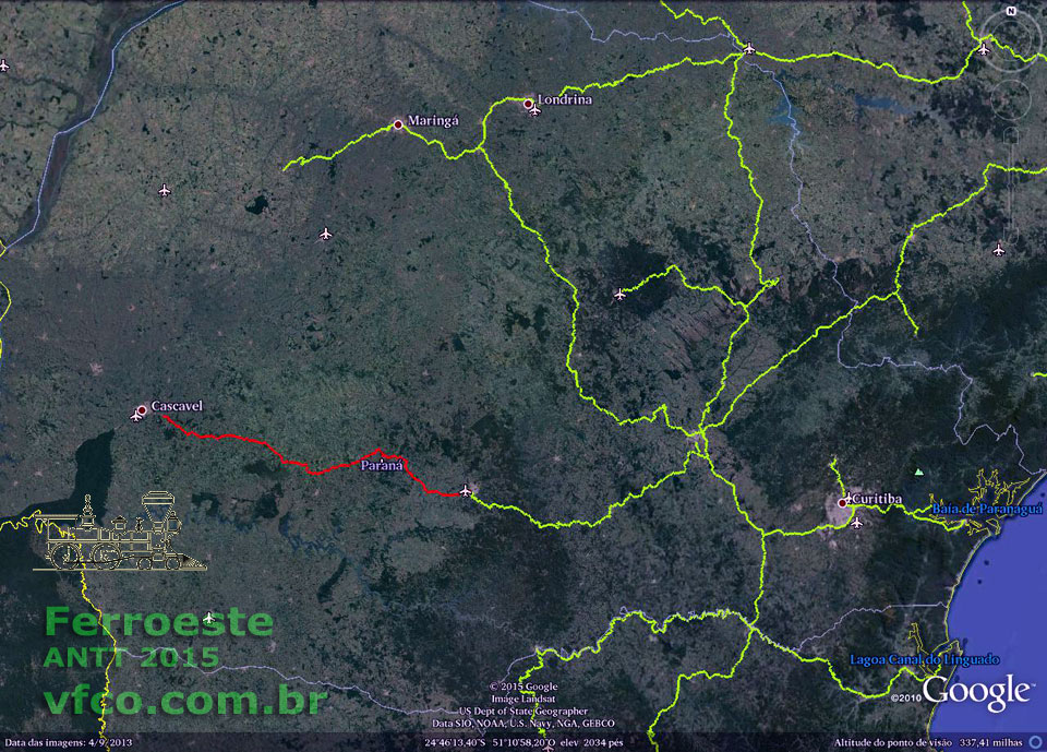 Mapa da Ferroeste - Ferrovia Paraná Oeste em 2015