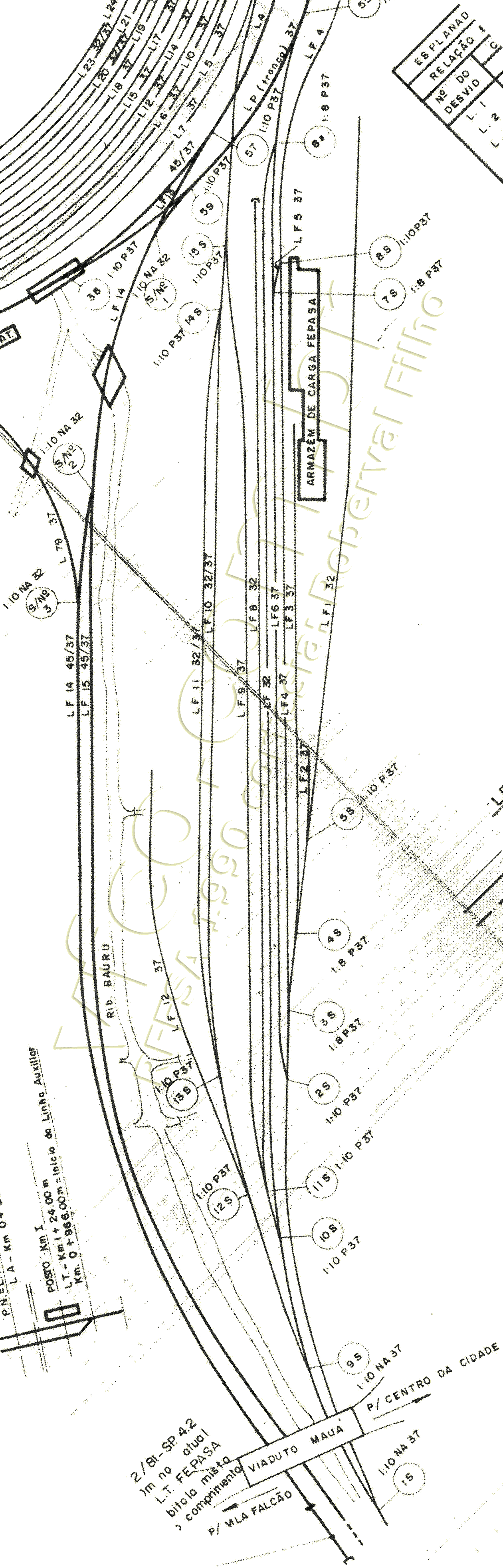 Planta do pátio da Fepasa (ex-Sorocabana e ex-CPEF) na Esplanada Ferroviária de Bauru em 1990