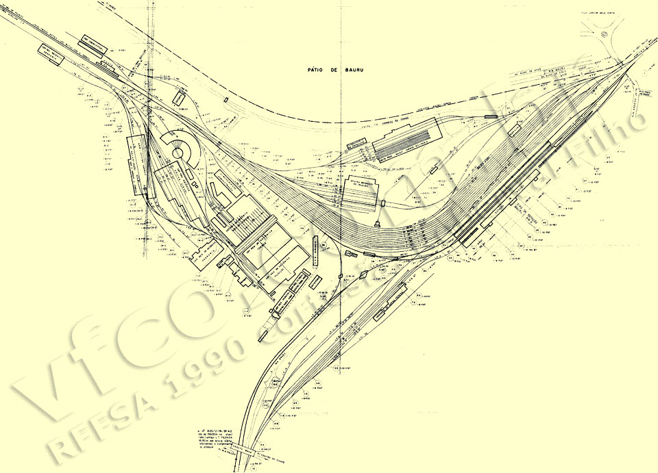 Planta geral da Esplanada ferroviária de Bauru, com os trilhos da RFFSA e da Fepasa (ex-Sorocabana), em 1990