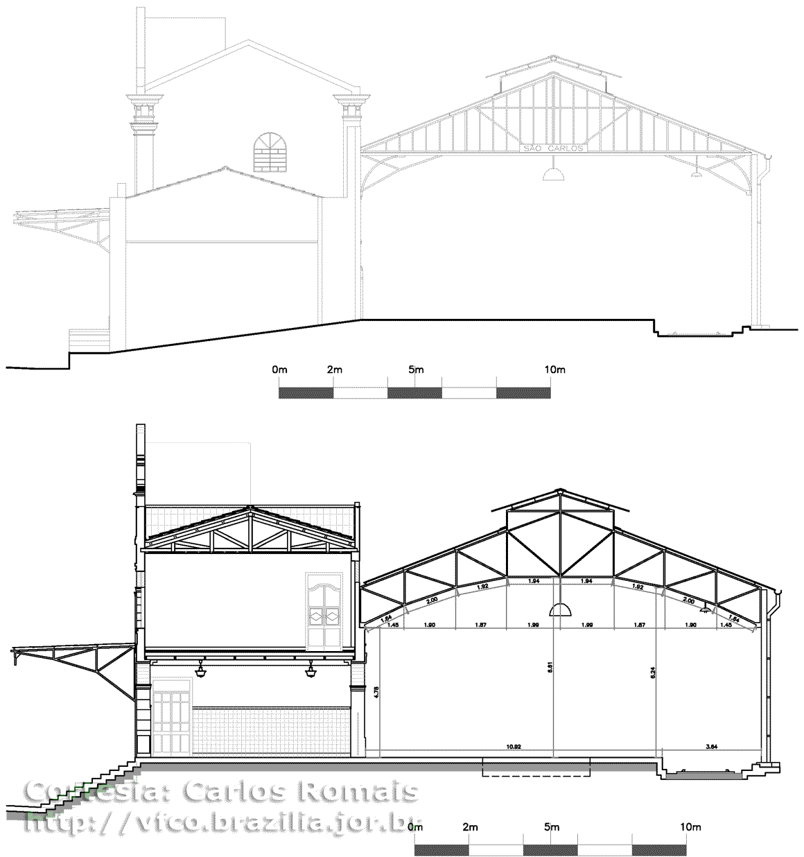 Desenho da fachada lateral e corte transversal  da estação ferroviária de São Carlos