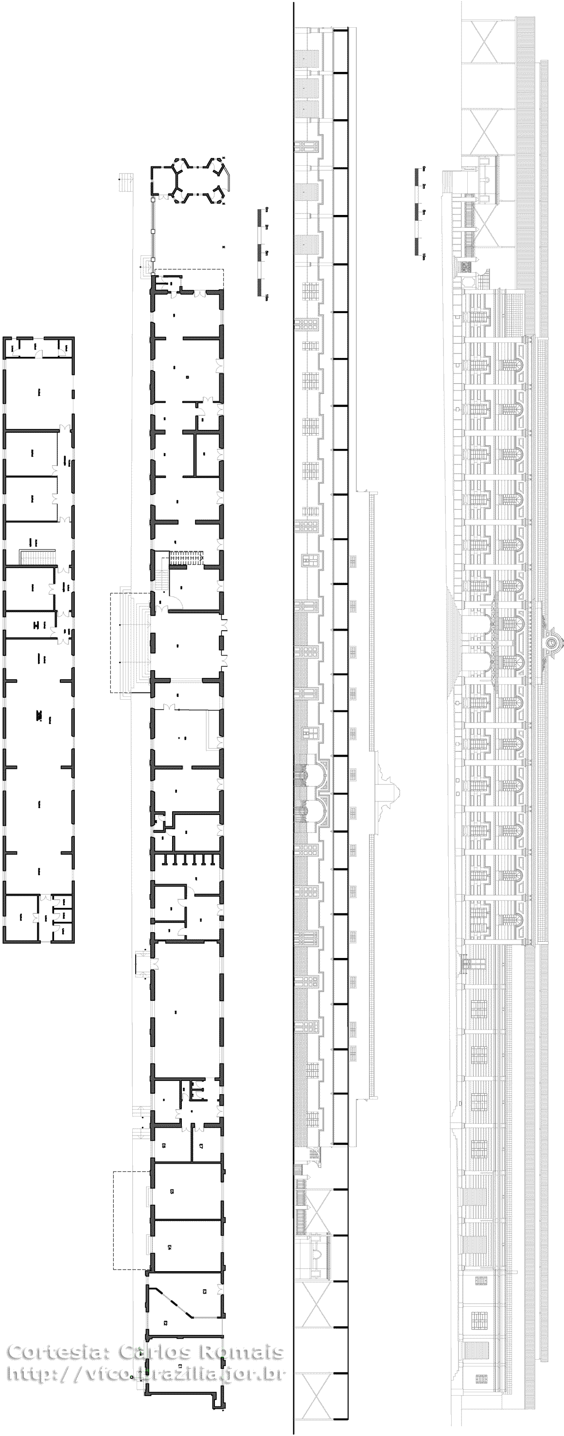 Desenhos das fachadas frontais e planta baixa da estação ferroviária de São Carlos