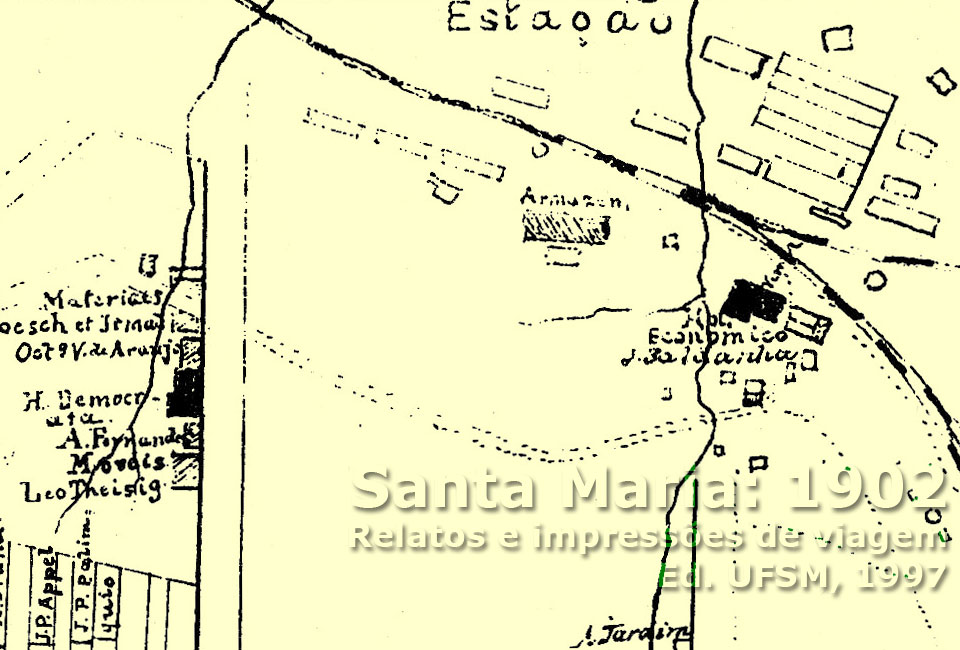 Planta urbana de Santa Maria em 1902, com a avenida Progresso (atual Rio Branco) e poucas construções no entorno da atual estação ferroviária