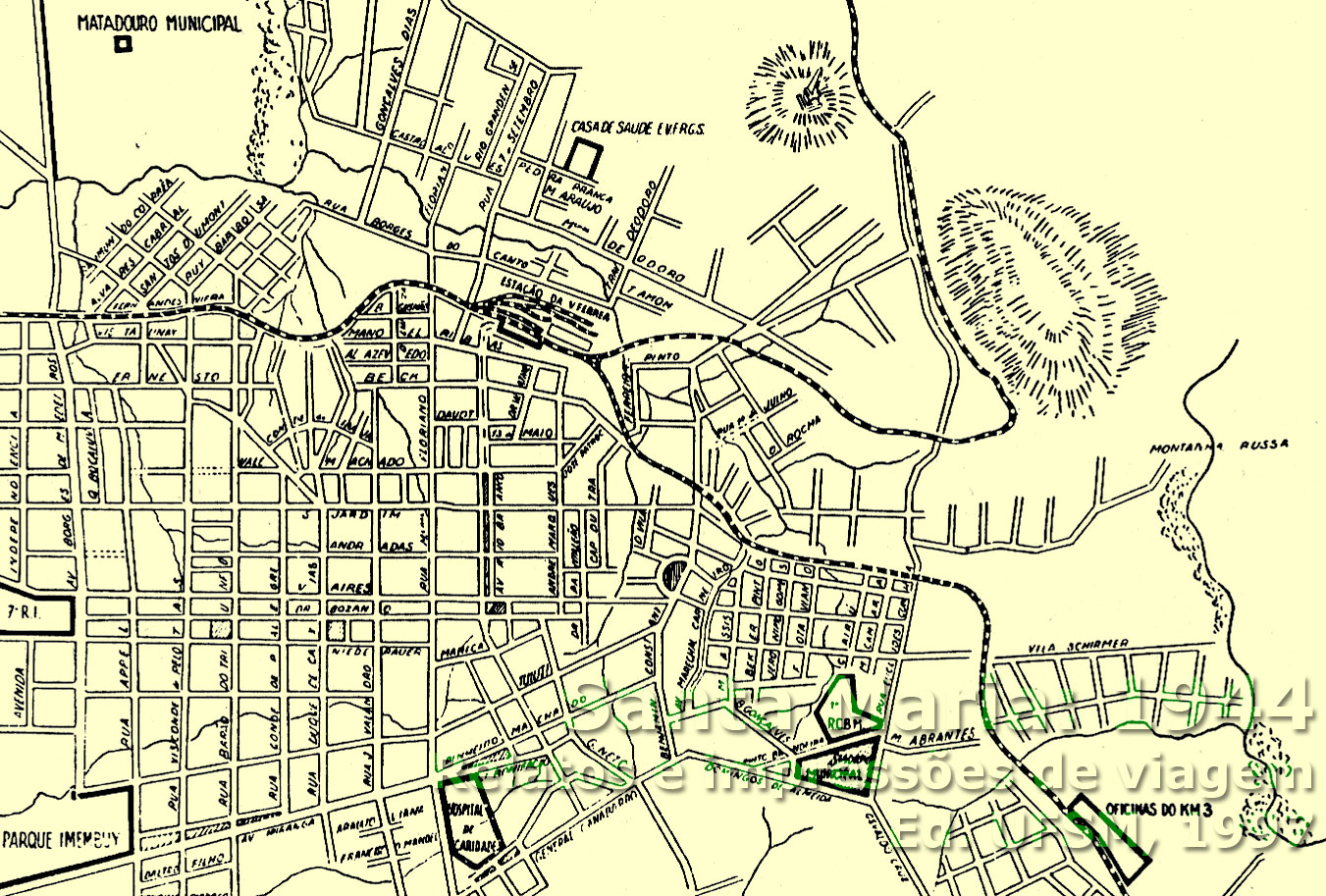 Antigos traçados ferroviários na área urbana de Santa Maria, em uma planta da cidade de 1944