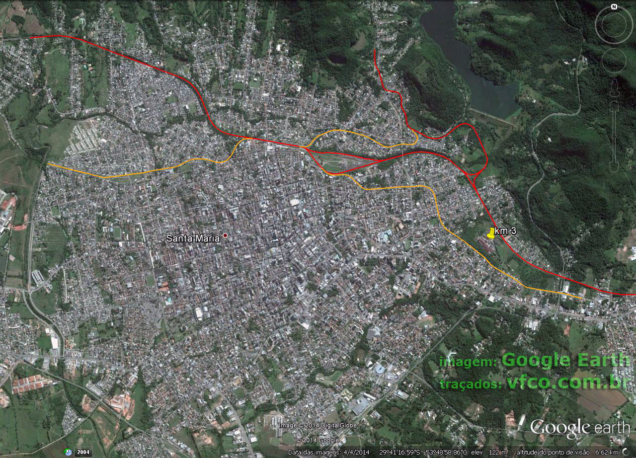Traçados antigos (laranja) e atuais (vermelho) da ferrovia na área urbana de Santa Maria (RS)