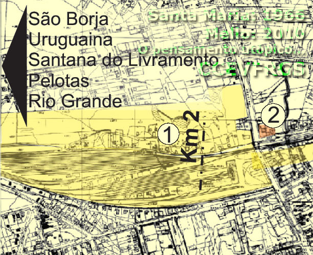 Grande pátio ferroviário no km 2 da linha para Cacequi, a oeste da estação de Santa Maria, em 1966