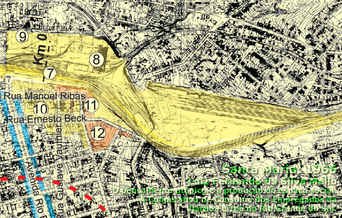 Novo pátio de classificação de vagões e saída unificada para Itararé e Porto Alegre, no mapa de Santa Maria (RS) em 1966