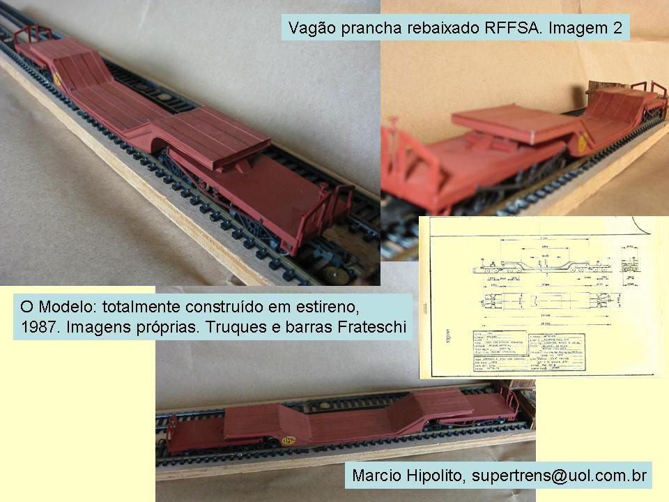 Ferreomodelo do vagão prancha rebaixado da EFSJ - Estrada de Ferro Santos a Jundiaí / RFFSA - Rede Ferroviária Federal