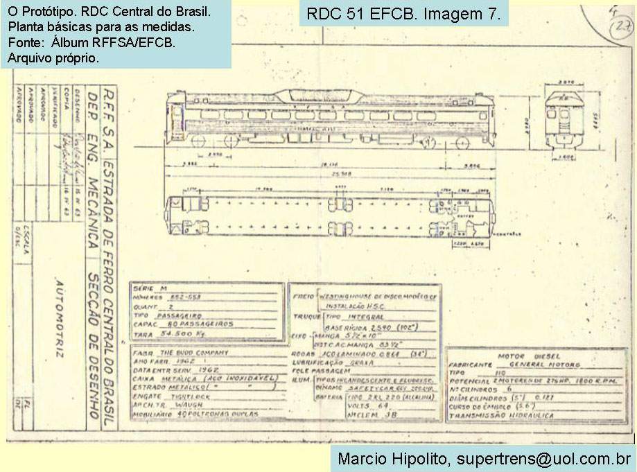 Desenho e medidas do vagão automotriz da EFCB - Estrada de Ferro Central do Brasil / RFFSA - Rede Ferroviária Federal