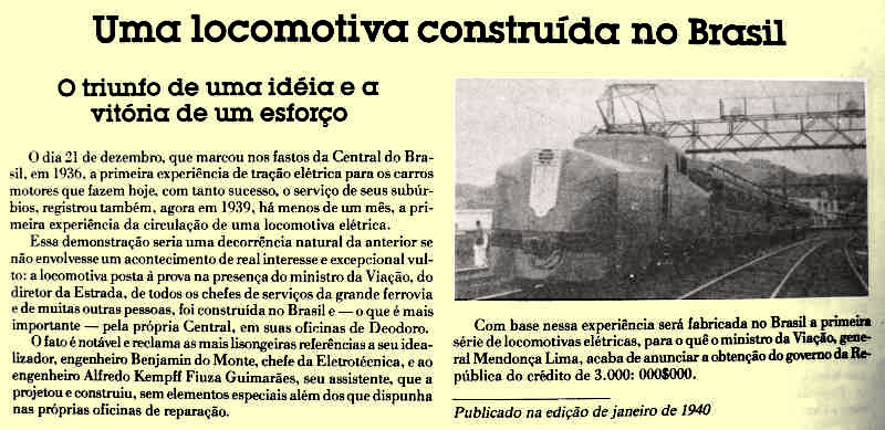 A notícia da construção da locomotiva elétrica "Ferro de Engomar" na Revista Ferroviária, em 1940