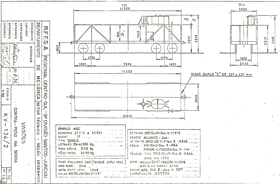Desenho e medidas do vagão da Estrada de Ferro Santos a Jundiaí - EFSJ / Rede Ferroviária Federal - RFFSA