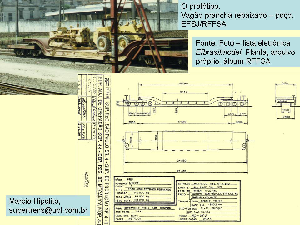 Foto, desenho e dimensões do vagão prancha rebaixado RFFSA - Rede Ferroviária Federal