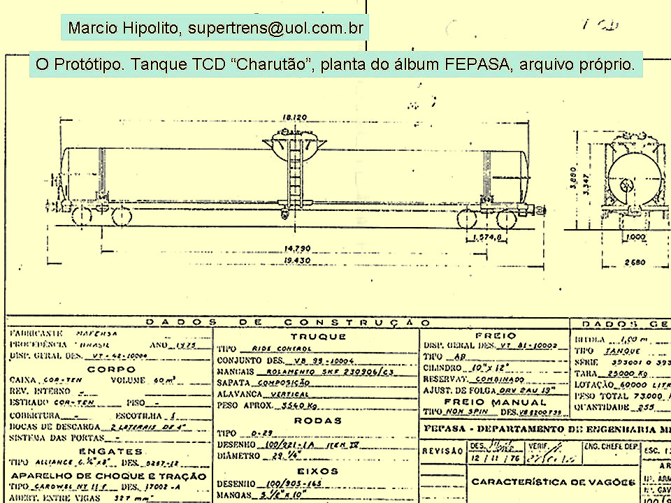 Desenho, medidas e características  do vagão tanque TCD "charutão" da Fepasa - Ferrovias Paulistas