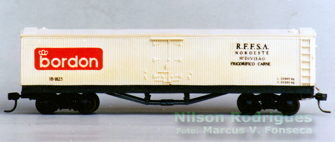 Detalhes da lateral do ferreomodelo de vagão isotérmico IB-1823 Frigorífico Bordon / Noroeste RFFSA