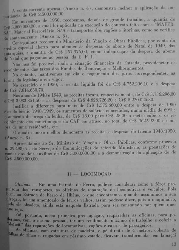 Página 13 do Relatório 1951 da Estrada de Ferro Ilhéus