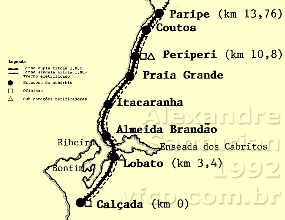 Mapa das estações do trem suburbano de Salvador em 1992