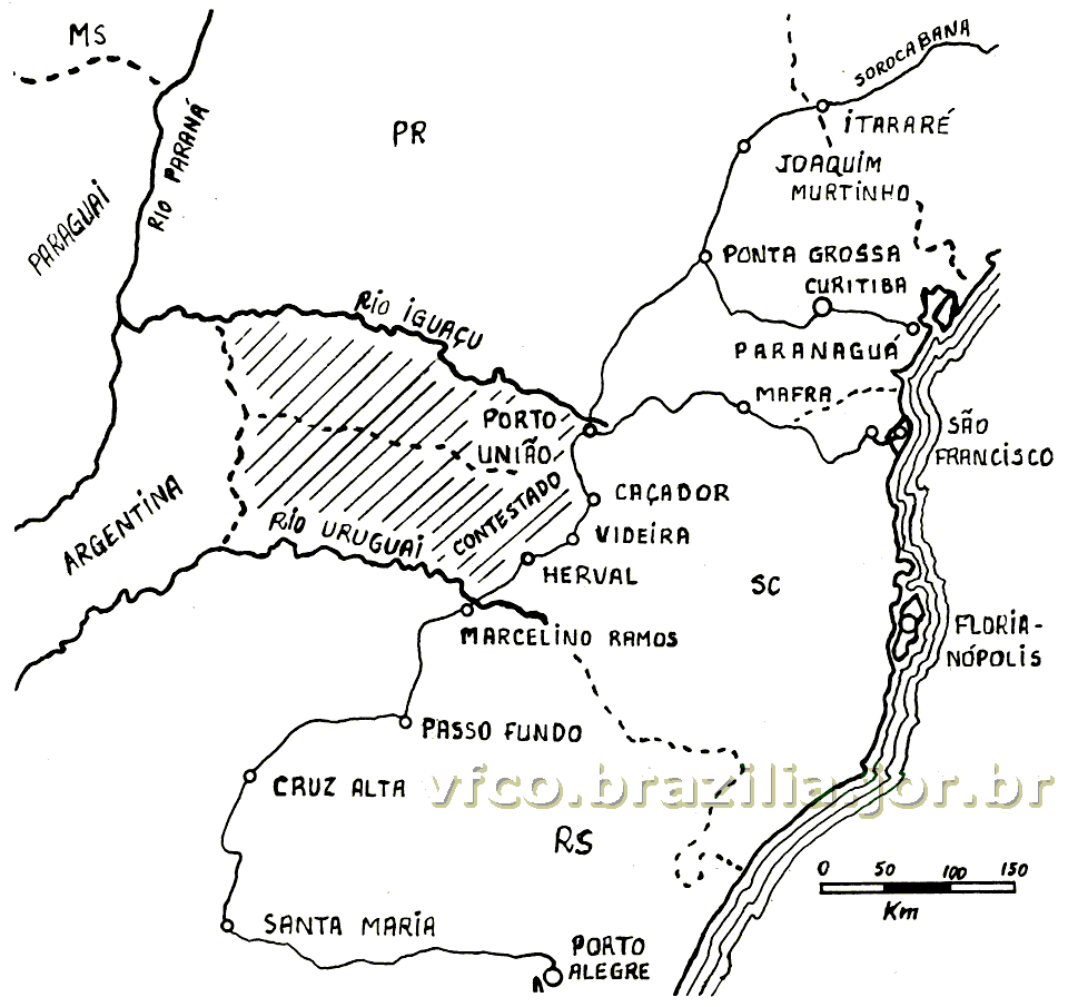 Mapa da região do Contestado e da Estrada de Ferro São Paulo - Rio Grande