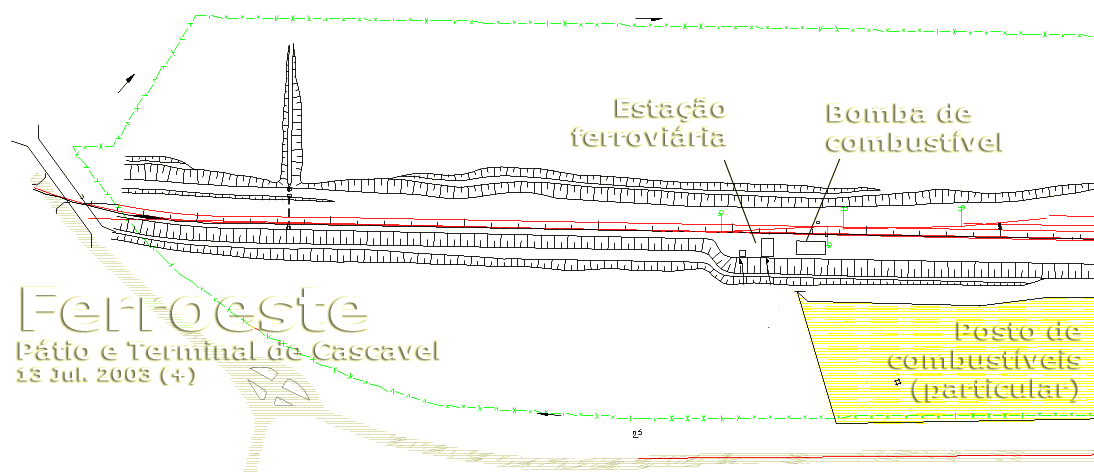 Primeiro trecho da planta dos trilhos e empresas do terminal de Cascavel: estação ferroviária, abastecimento de locomotivas e posto particular de combustíveis