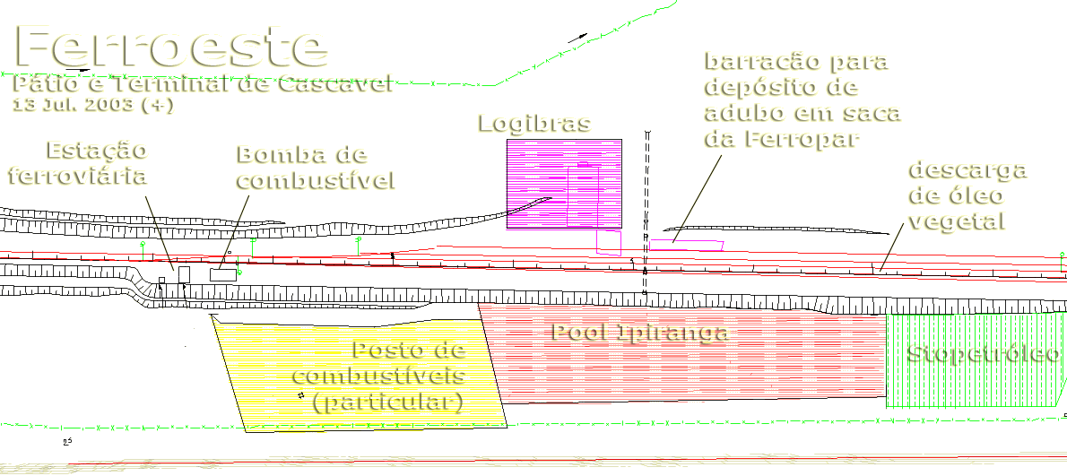 Segundo trecho da planta dos trilhos e empresas do terminal ferroviário de Cascavel: Logibras, Pool Ipiranga, descarga de óleo vegetal, Stopetróleo