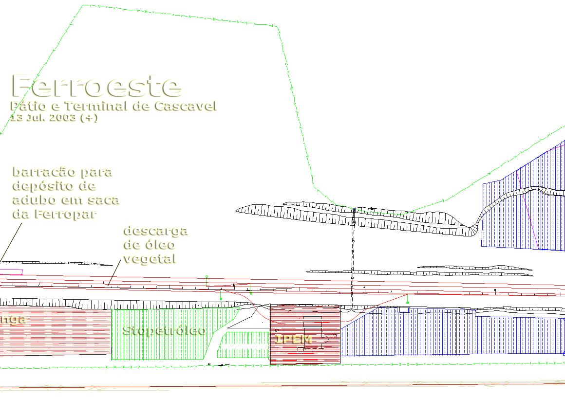 Terceiro trecho da planta dos trilhos e empresas do terminal ferroviário de Cascavel: Stopetróleo, IPEM, e lotes ainda vagos em 2003