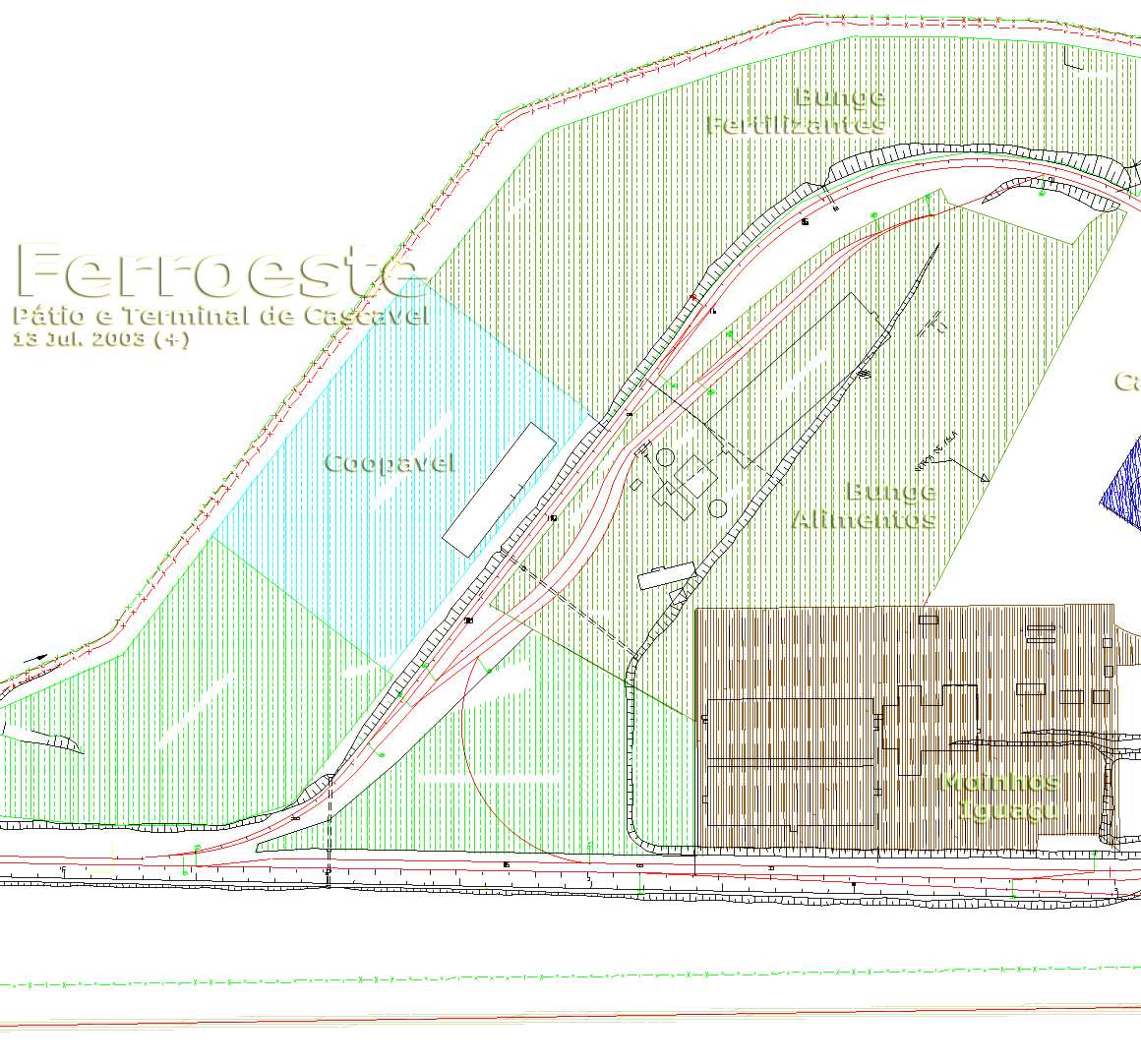 Quinto trecho da planta dos trilhos e empresas do terminal ferroviário de Cascavel: Coopavel, Bunge e Moinhos Iguaçu / Imcopa