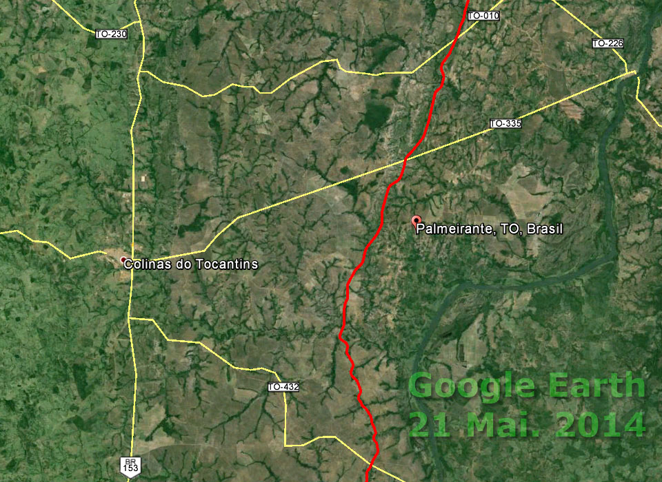 Localização do pátio de Colinas e percurso da Ferrovia Norte-Sul no município de Palmeirante (TO)