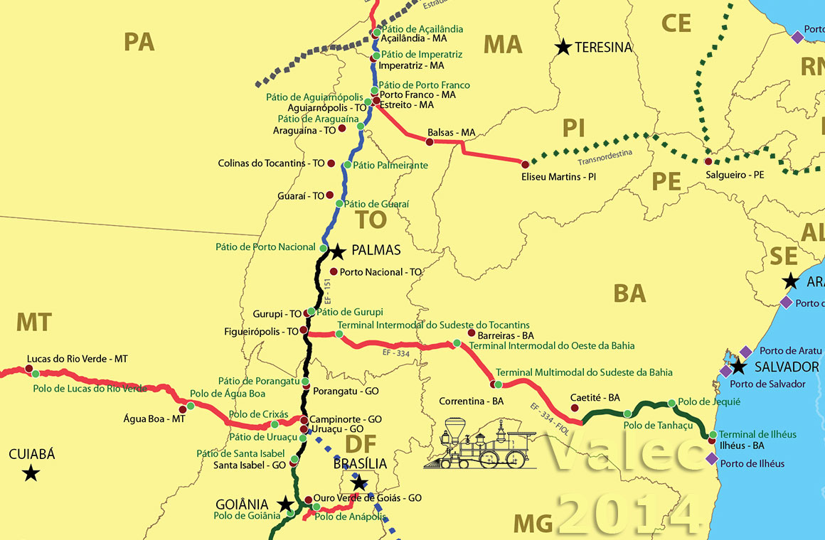 Ferrovia Norte-Sul em mapa do site da Valec em Maio de 2014