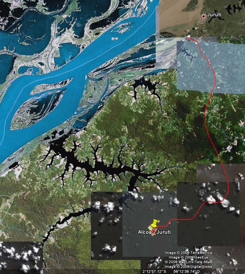 Trajeto dos trilhos e localização da Estrada de Ferro Juruti