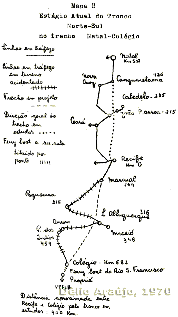 Croquis dos novos trechos de planície em estudo para retificação da ferrovia EF-101