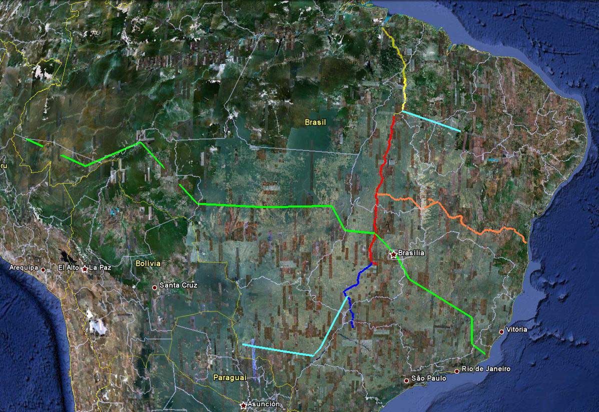 Vista de satélite com as principais ferrovias a serem construídas pela Valec