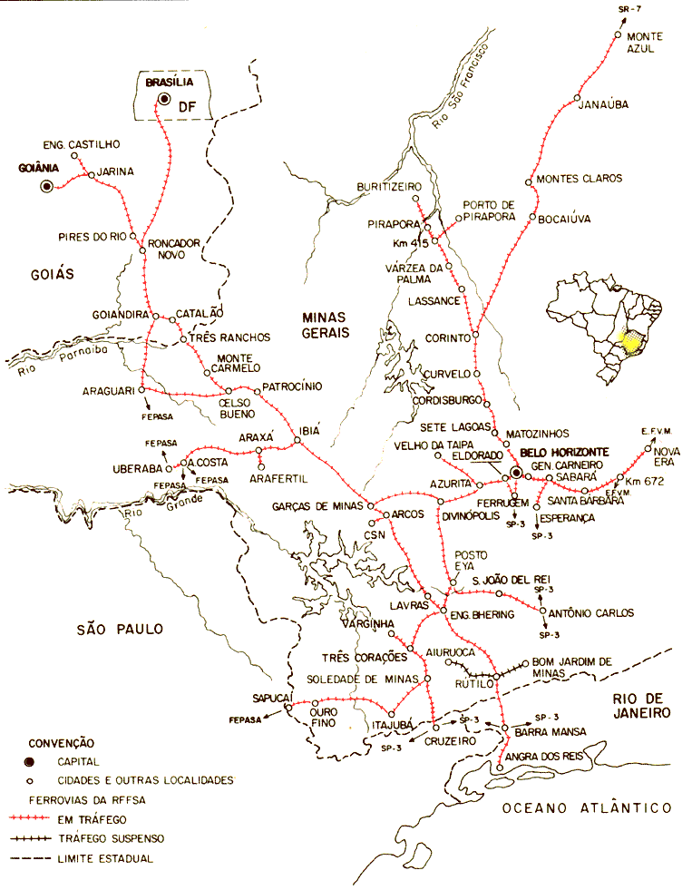 Mapa dos trilhos da Regional Belo Horizonte - SR2 da RFFSA - Rede Ferroviária Federal, em 1984